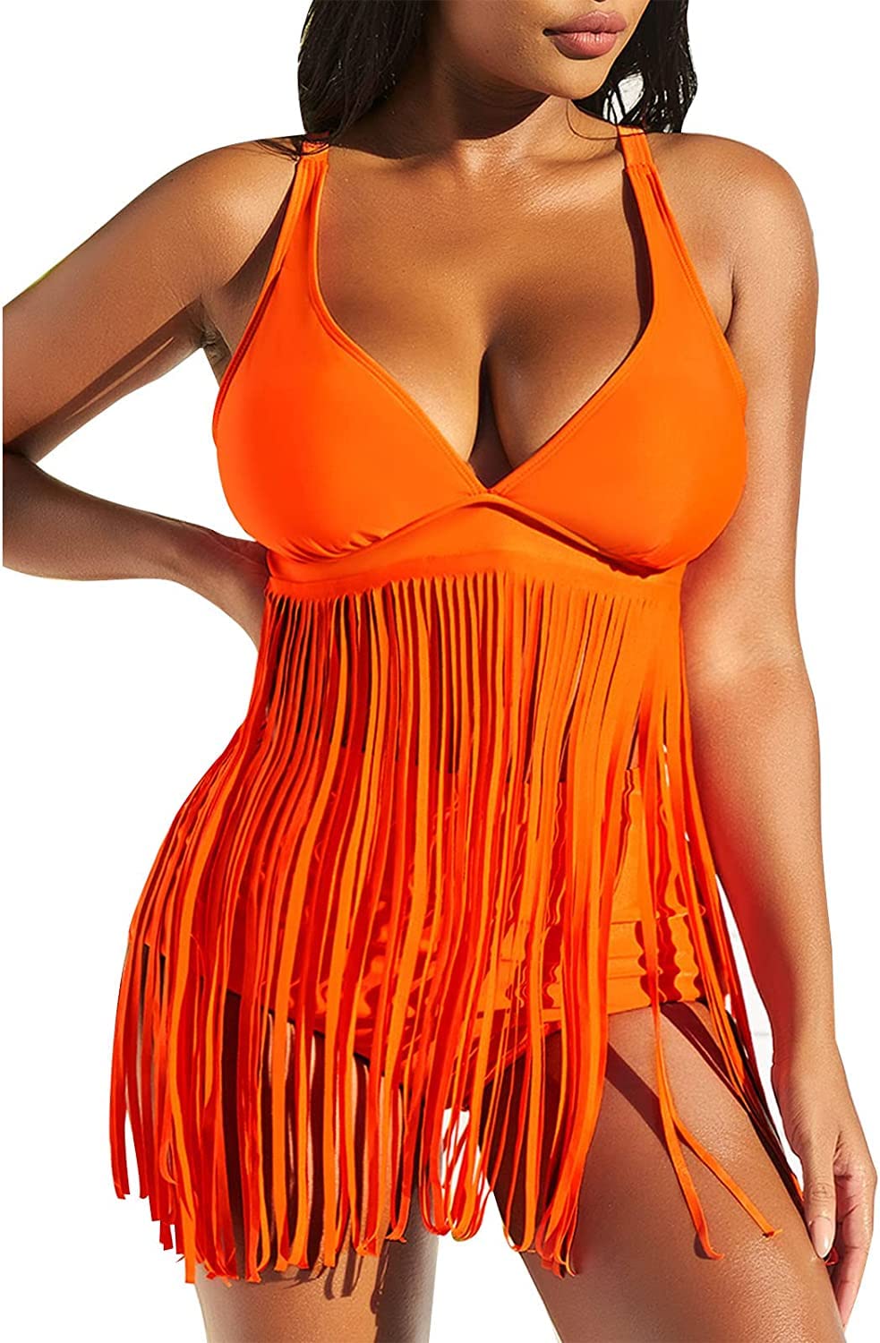 chuangminghangqi Costumi da Bagno Donna Due Pezzi Vita Alta Tankini Donna Mare Push up Curvy con Frange Bikini Set con Top a V con Imbottitura e Pantaloncini Corti