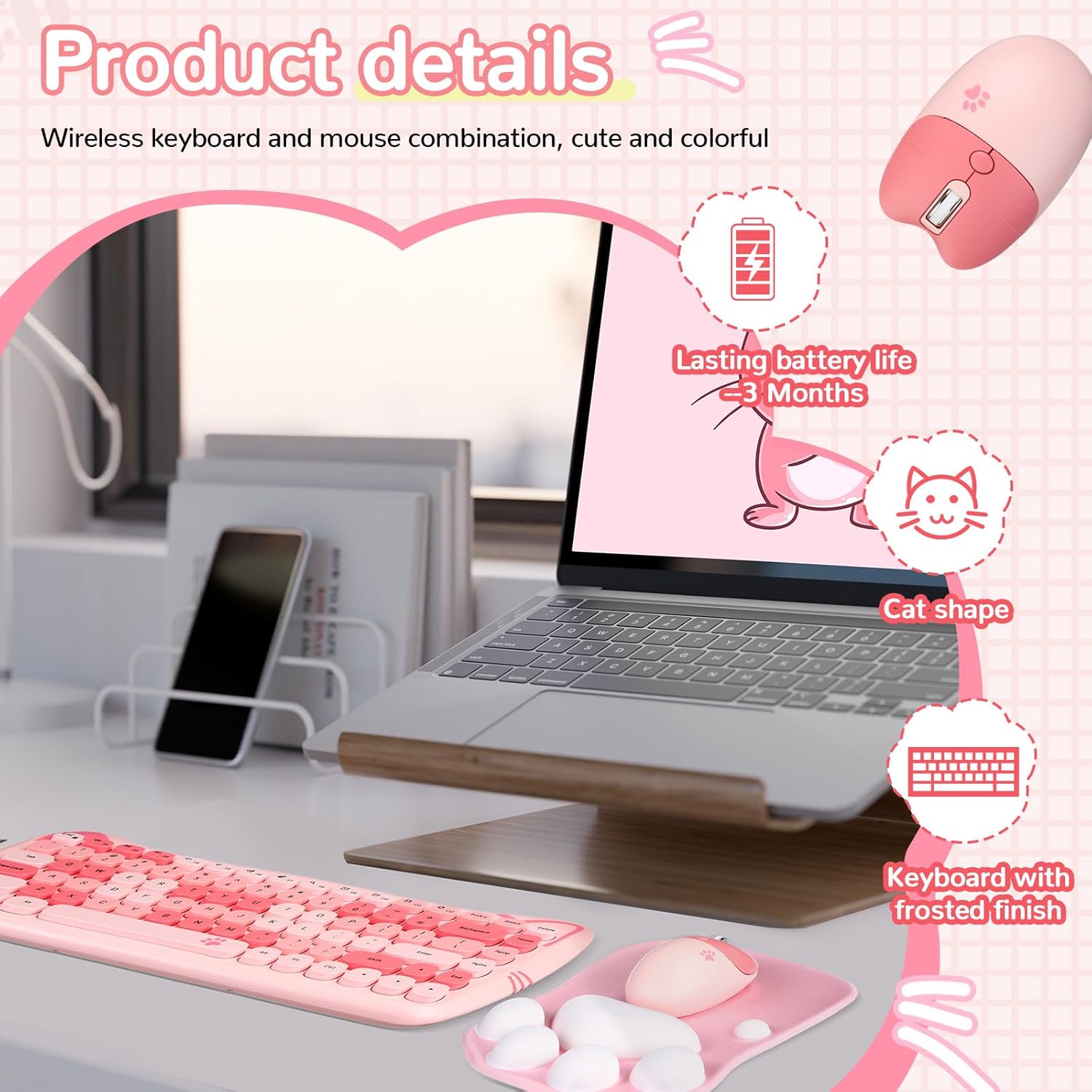 3 Pcs Cute Cat Keyboard and Mouse Combo, USB Wireless with Cat Paw Mouse Pad, Silent 84 Keys 2.4 Ghz Compatible with Notebook PC Graduation Gift for Women