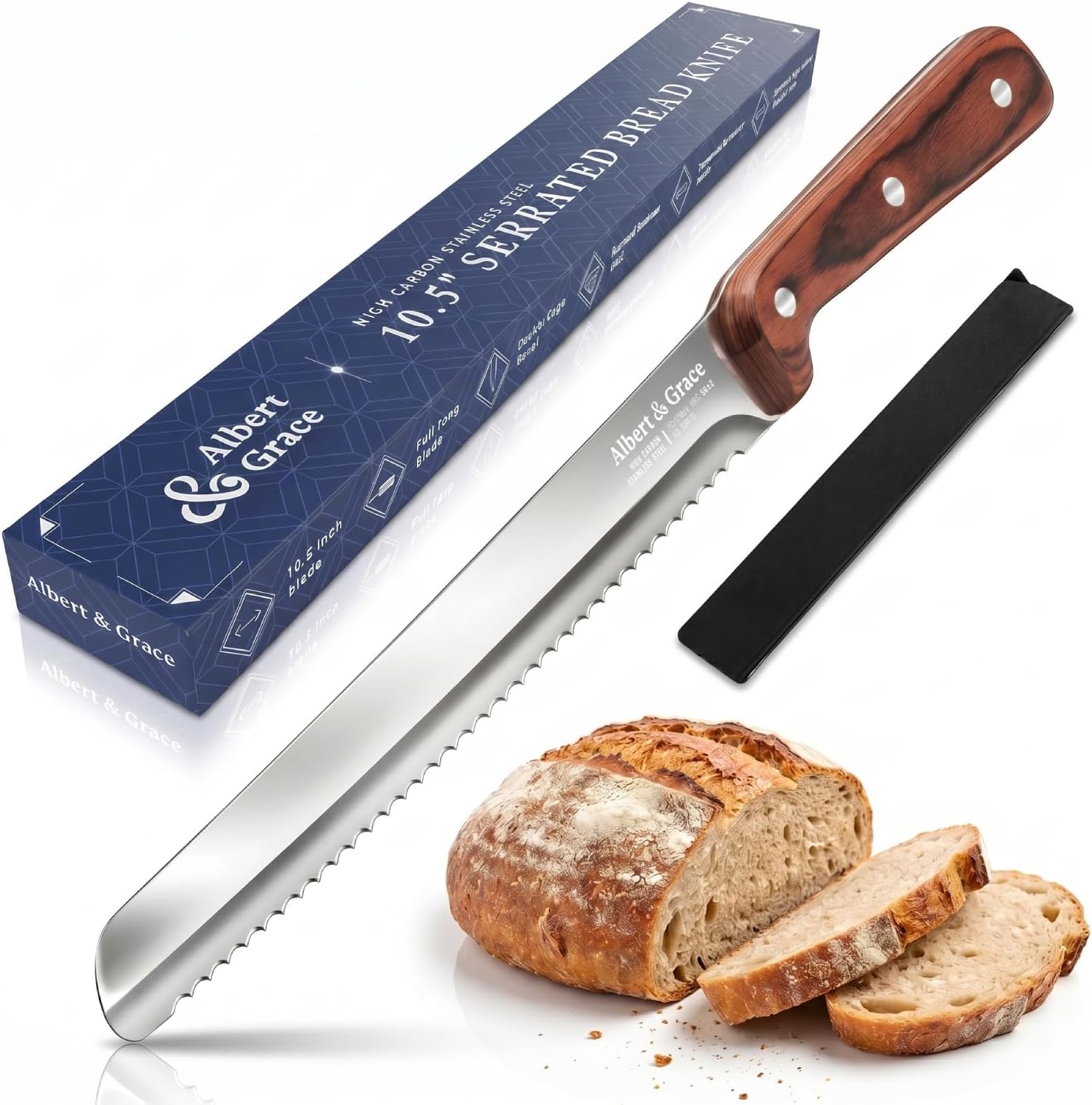 10.5-Inch Serrated Bread Knife with Full-Length Sheath – Ultra Sharp, Low-Crumb Slicing for Sourdough, Homemade Bread & Bagels