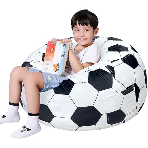 Lukeight Soccer Stuffed Animals Storage Bean Bag Chair Cover - Premium Velvet Organizer with YKK Zipper Holds 60+ Plush Toys, Washable Kids Room Decor (No Filling, Large)