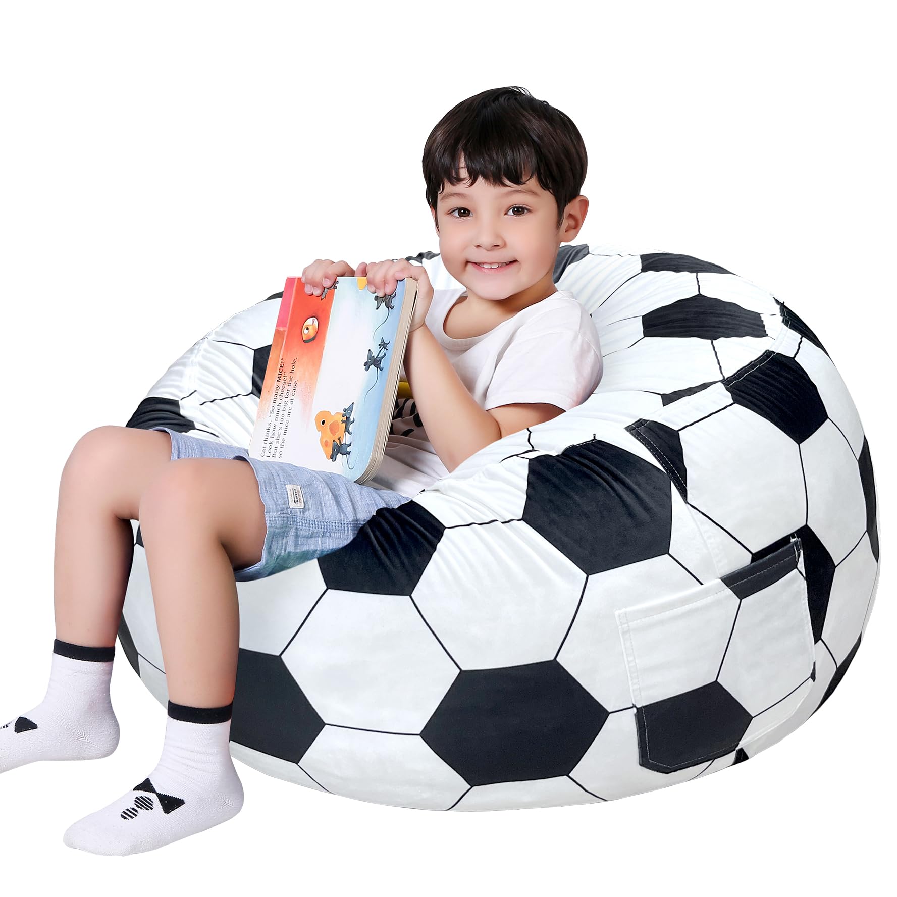 Lukeight Soccer Stuffed Animal Storage Bean Bag Chair Cover - Premium Velvet Organizer with YKK Zipper Holds 60+ Plush Toys, Washable Kids Room Decor (No Filling, Large)