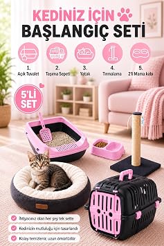 Premium kedi ba lang  seti - A k kedi tuvaleti, ta ma sepeti, yatak, t rmalama, mama kab , k rek - AT8