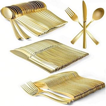 150Pcs Gold Plastic Cutlery Set Washable and Reusable Heavy Duty Tableware 50 Knives 50 Forks and 50 Spoons Perfect for Birthday Parties and Weddings