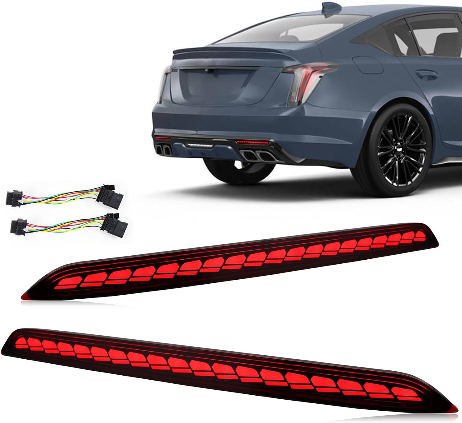 Red Lens LED Rear Reflector Bumper Fog DRL Tail Brake Light Assembly Compatible With Cadillac CT5 2020-2023 Sequential Turn Signal Feature Plug and Play (SMOKED STYLE)