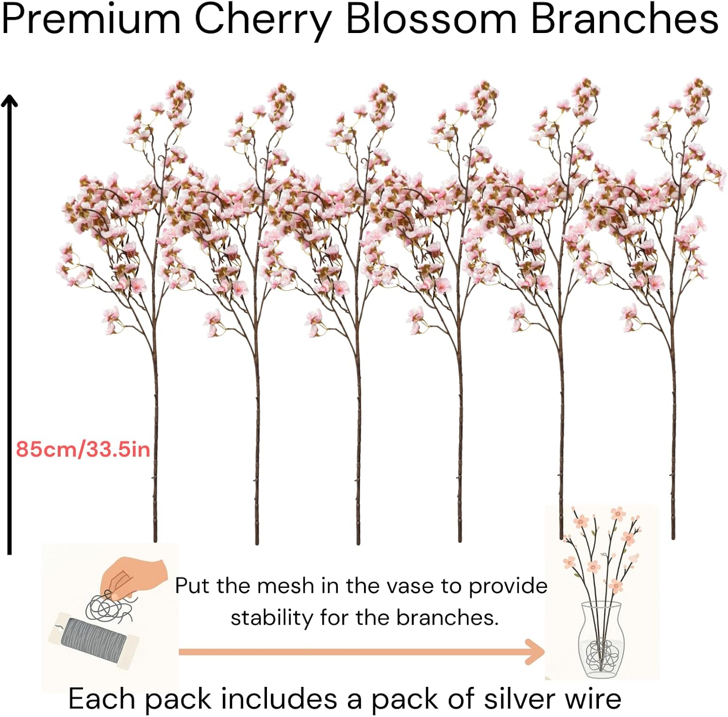 Pink Cherry Blossom Branches – 6 Pcs 33.5" Long Stem Artificial Flowers for Tall Vase, Faux Silk Spring Decorations for Home, Realistic Fake Pink Flowers for Bedroom & Wedding Centerpiece Decor - Image 6