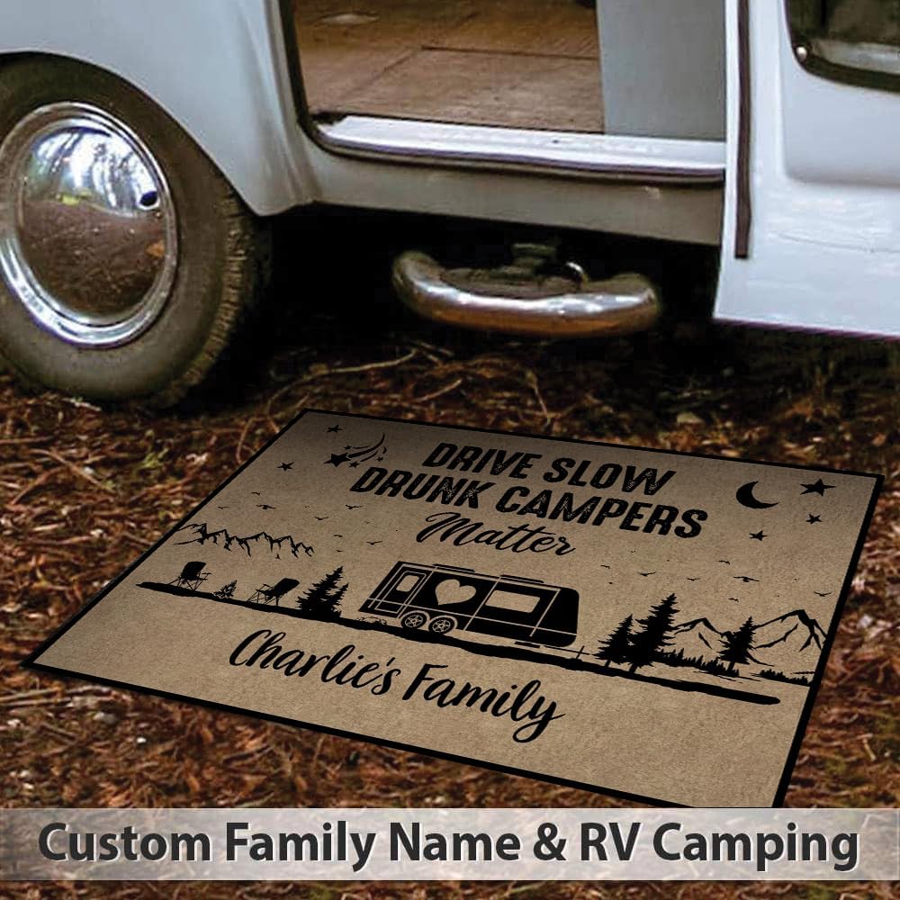 Personalized Camping Doormat - Drive Slow Campers Matter Outdoor RV Camper Mat 16x24 - Custom Name RV Camping Accessories for Travel - Funny Doormat Entry Trailver Rug Gift for Campers
