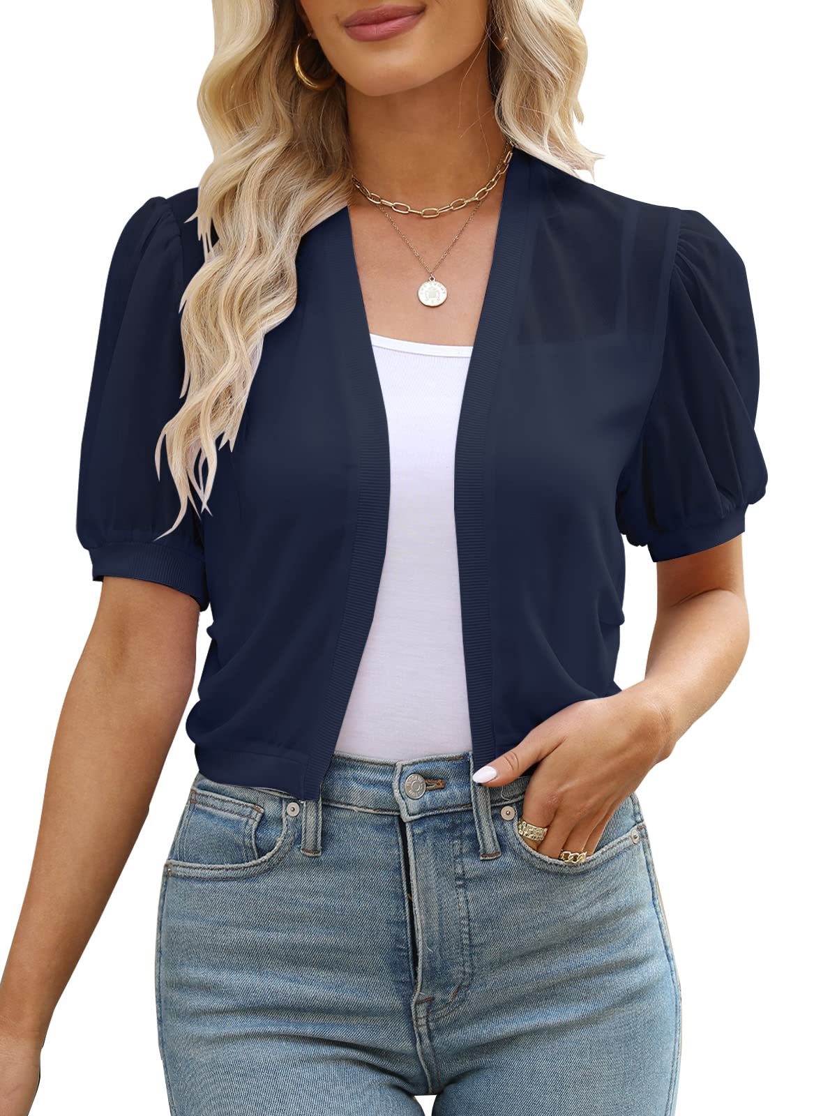 AFVETUTWomen Summer Open Front Sheer Short Sleeve Ruffle Cropped Chiffon Capes Bolero Shrug Cardigan