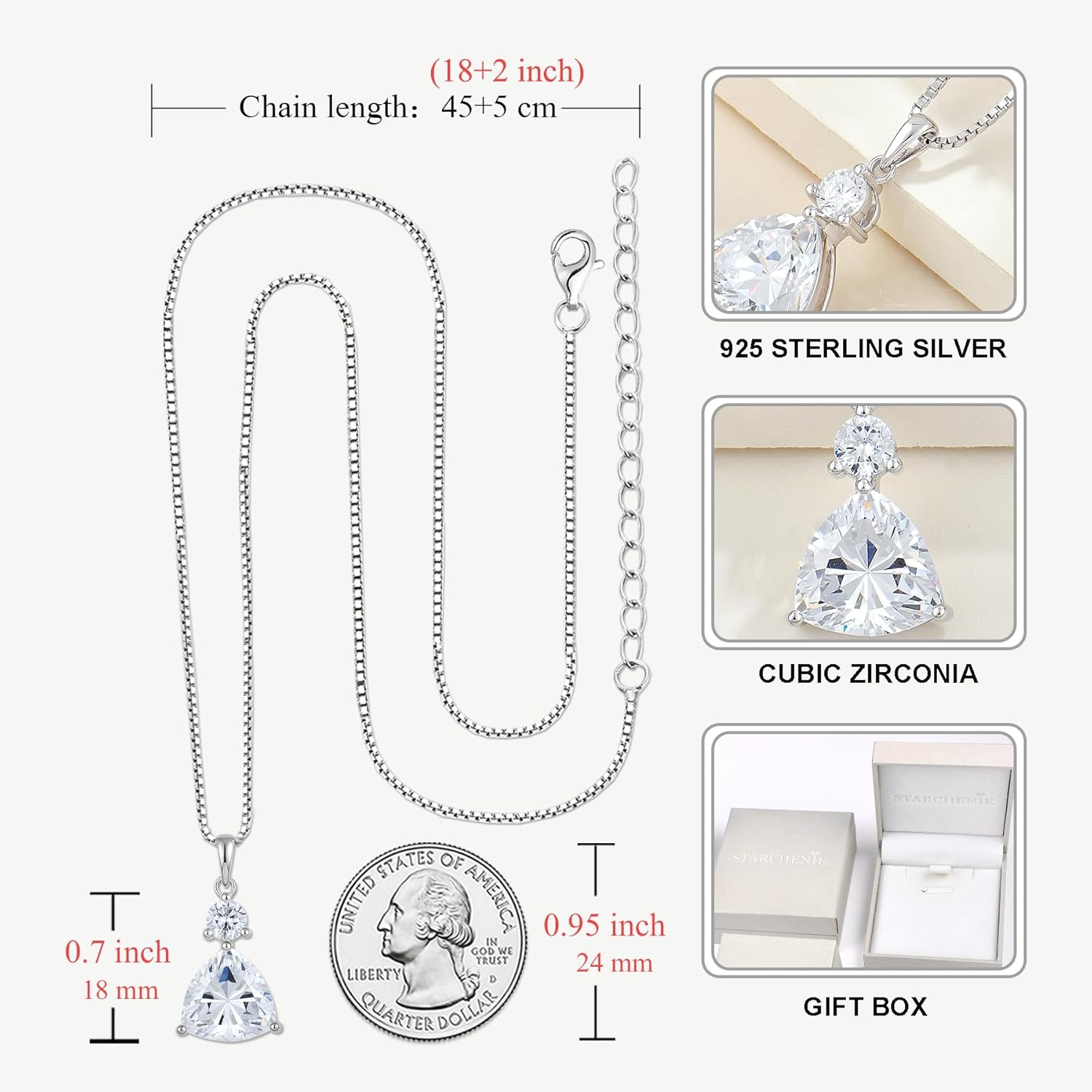 STARCHENIE 925 Sterling Silver Trillion Cut CZ Pendant Necklace, Birthstone Jewelry Gift, 18 Inch Chain - Image 6