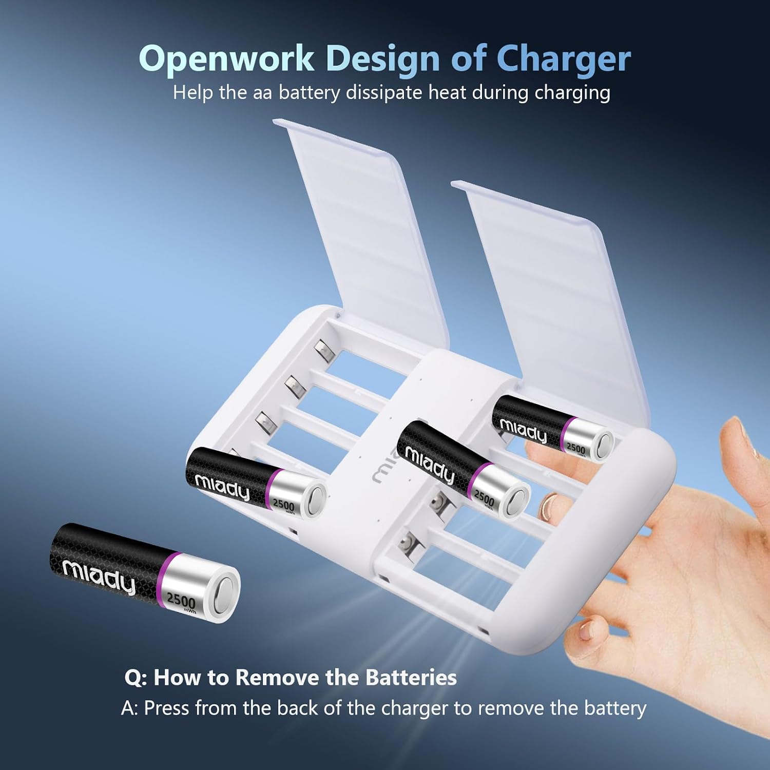 Image showing the openwork design of the charger and how to remove batteries by pushing from the back.