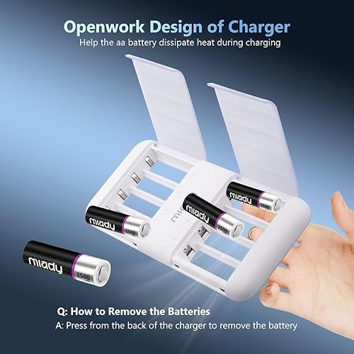 Miniatura 6 de Miady Paquete de 8 baterías recargables AA de litio con cargador rápido, baterías de litio de alta potencia de 1.5 V 2500 mWh, baterías de litio AA