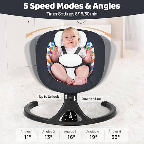 Miniatura 3 de Columpio de bebé para bebés, modernos columpios para bebés con Bluetooth y control remoto, 5 movimientos de velocidad, 12 sonidos relajantes,