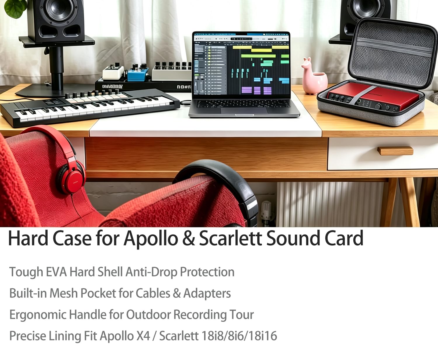 Custodia protettiva rigida da viaggio compatibile con interfaccia audio USB Apollo x4 / Focusrite Scarlett 18i8 / 8i6 / 18i16, nero e grigio (solo custodia)