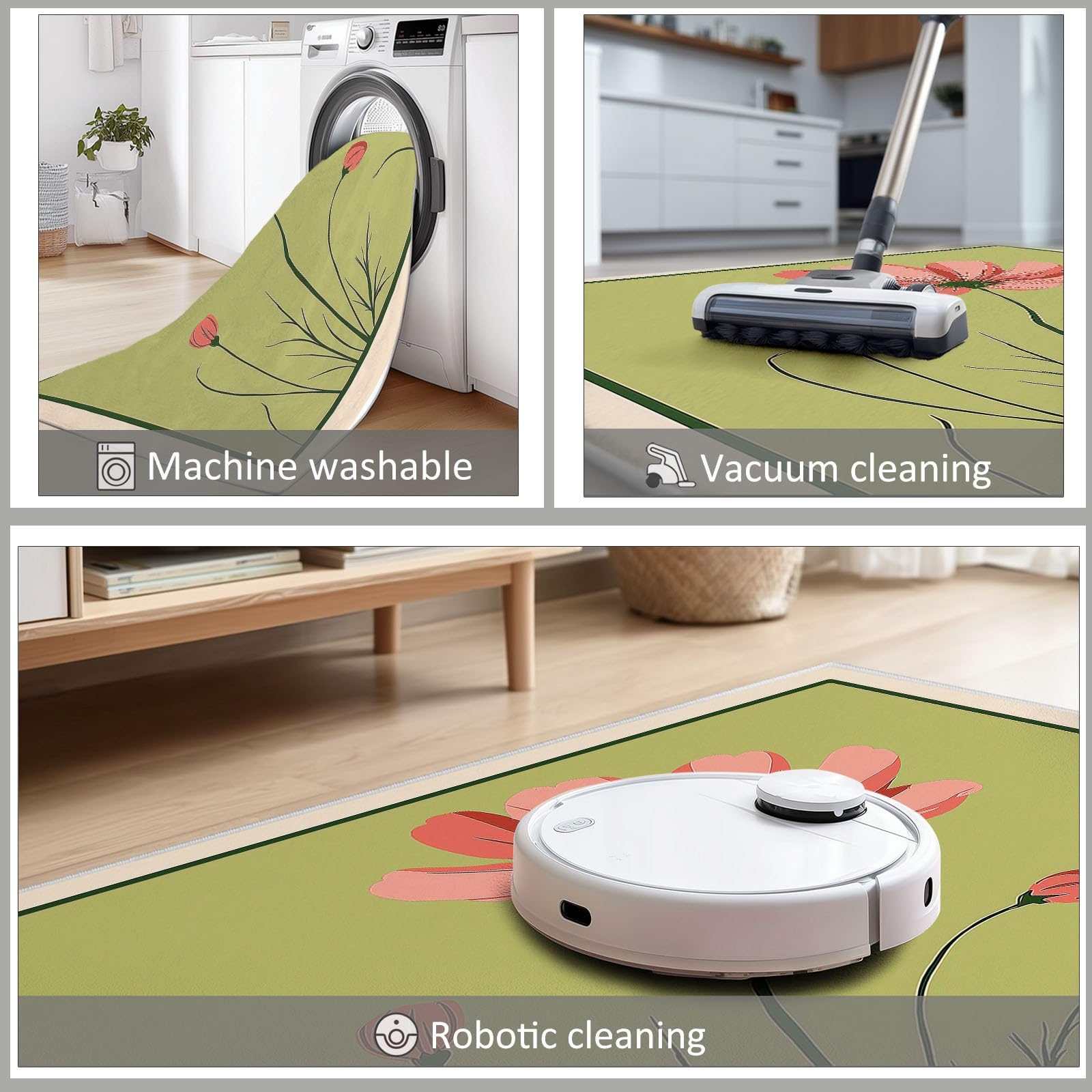 Tapis de salon lavable en machine 160 x 230 cm mode médiévale moderne, coureur faible poil antidérapant avec plantes fleurs sauge vert - tapis chambre pour la chambre à coucher le bureau à domicile