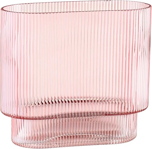 Jarrón de vidrio acanalado, jarrón de vidrio rosa, florero de vidrio estriado, florero acanalado, jarrón rosa, jarrón moderno para sala de estar,