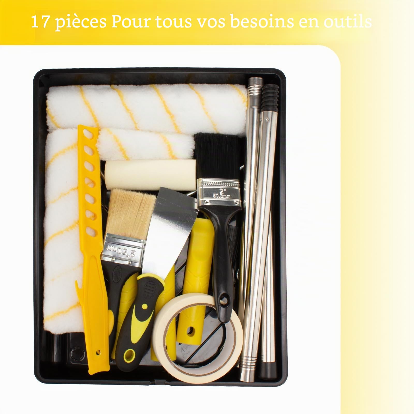 Kit de Peinture 17 Pièces – Rouleaux 23 cm et 10 cm, Bac, Brosse, Perche Télescopique 1,5 m – Set Anti-Gouttes pour Murs et Plafonds