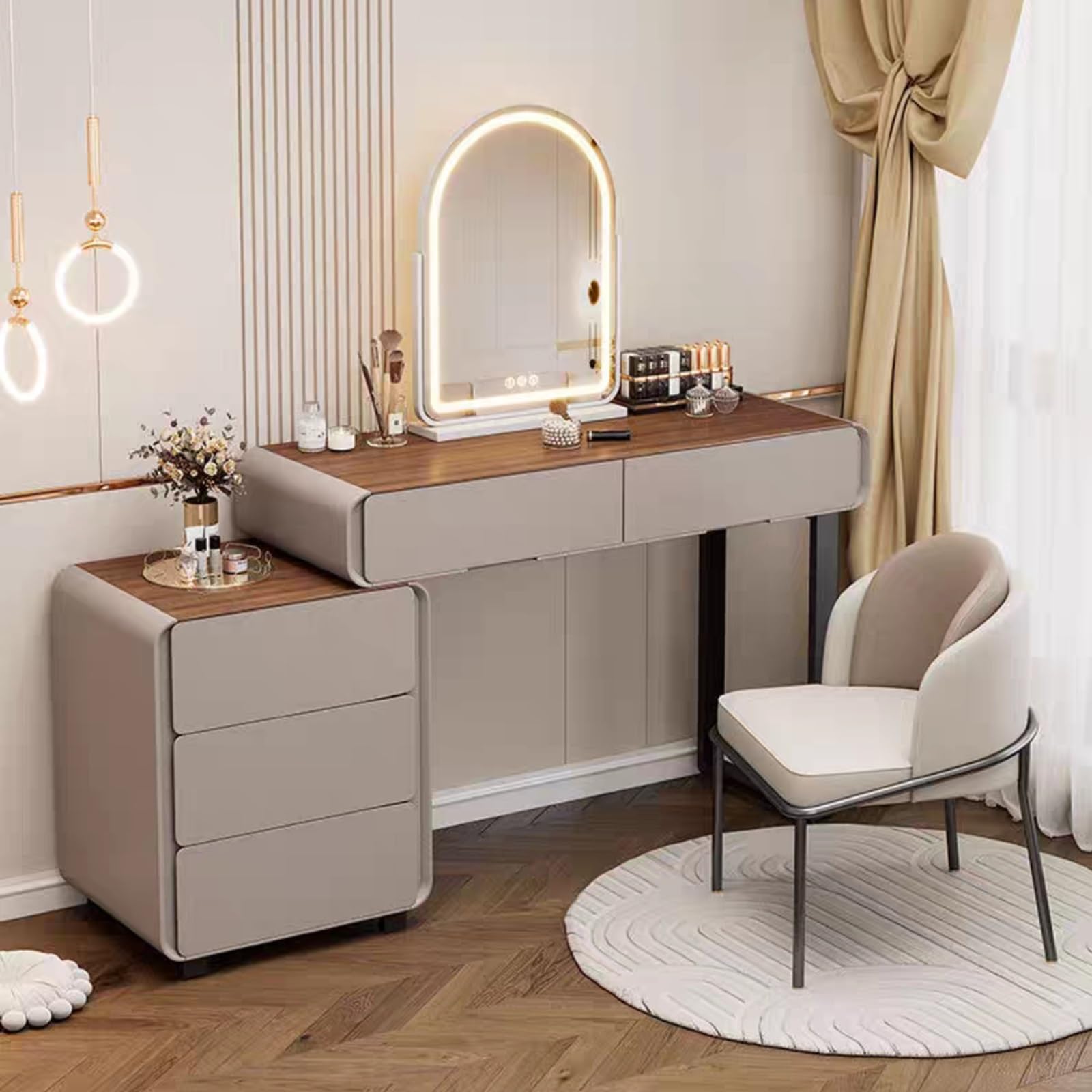 asdchZen Elegant Walnut Dressing Table With Color-Changing Mirror Touch Dimming Stylish Bedroom Vanity Desk For Women & Girls Includes Nightstand-Perfect For Modern Spaces