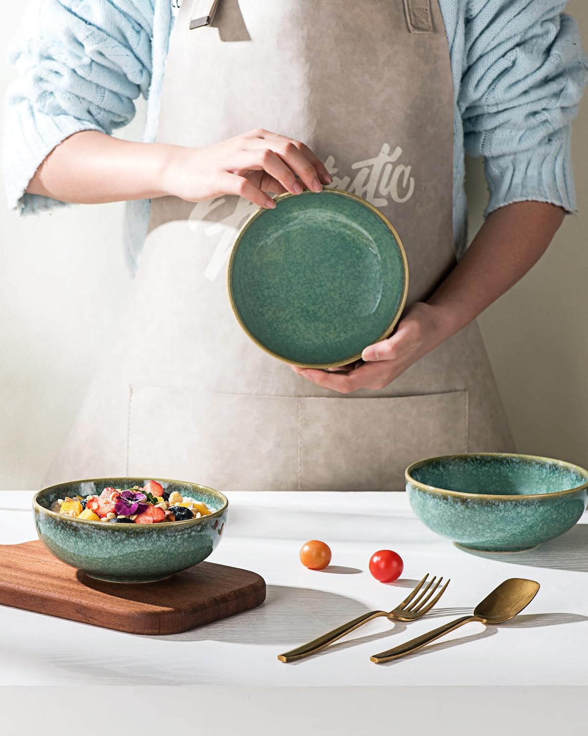 HENXFEN LEAD Ceramic Soup, Cereal Bowls for Kitchen - Serving Bowls 22 OZ for Oatmeal, Fruit, Salad, Rice - Dishwasher Microwave Safe, Set of 4 - Reactive Green