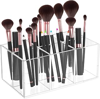 HIIMIEI Clear Makeup Brush Holder Organizer Acrylic 6-Slots Cosmetic Brushes Storage Organizer for Vanity Countertop