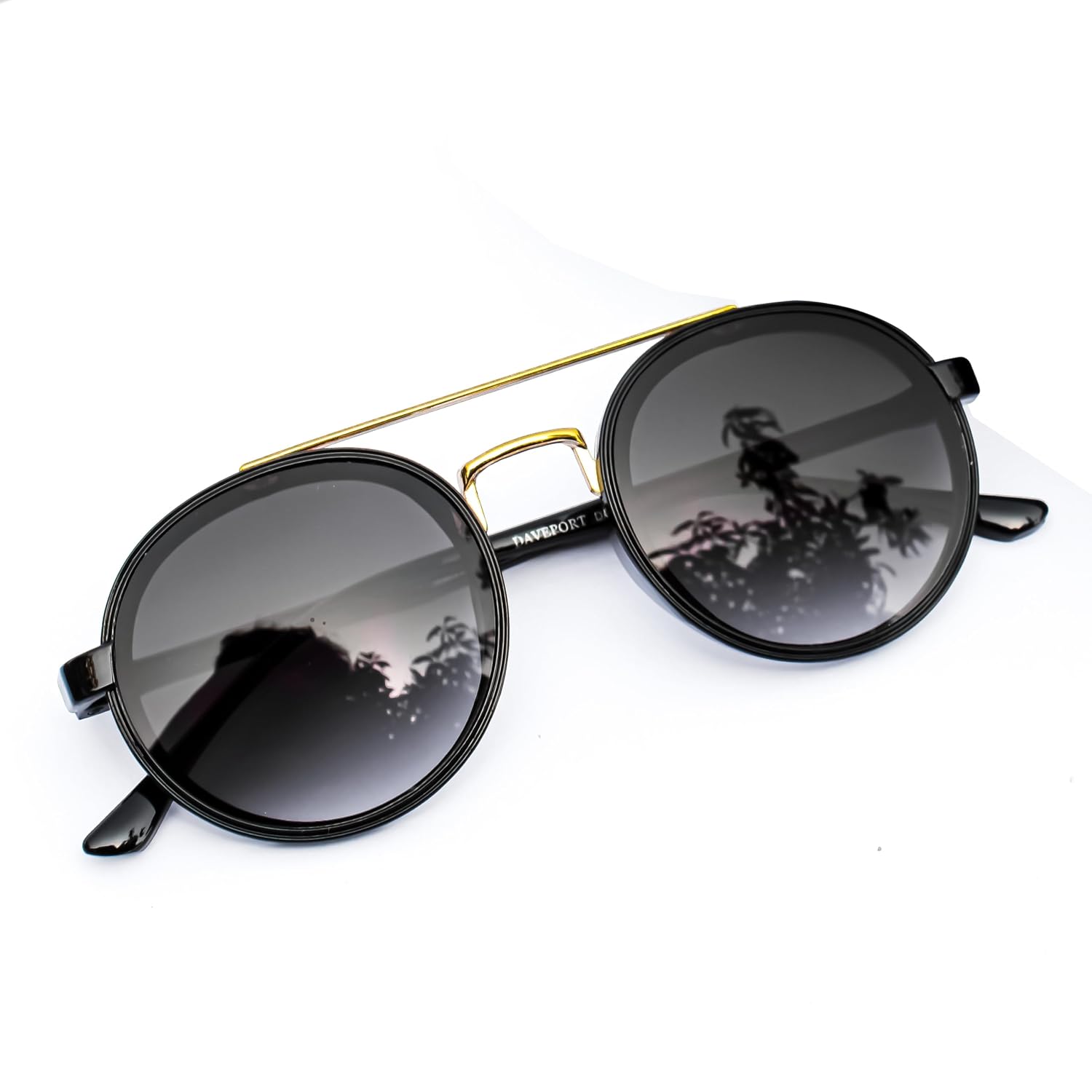 DURER Round Polarized and UV Protected Unisex Sunglasses, Black and Gold