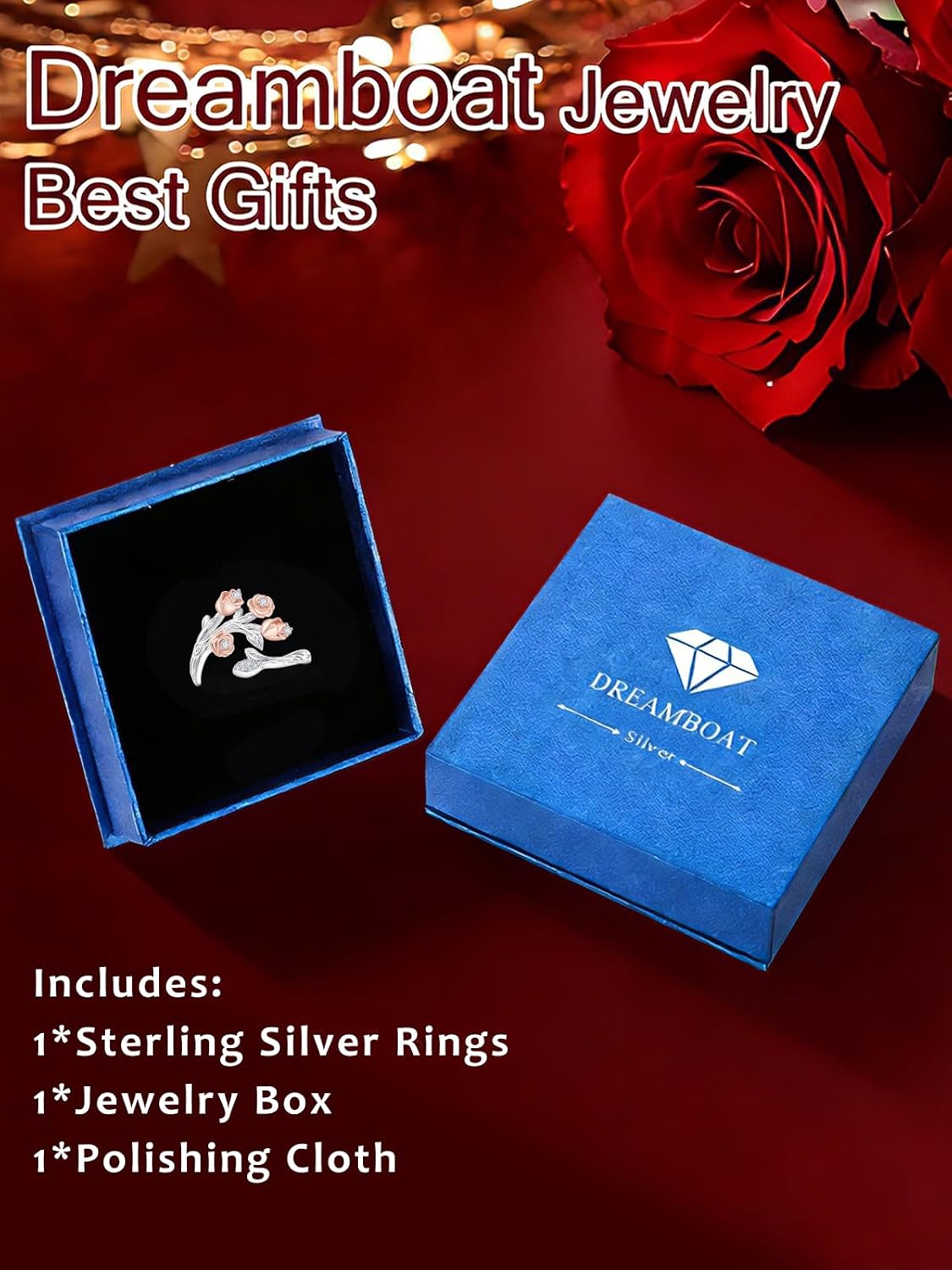 Dreamboat Rose Rings for Women Pink Flower Rings Adjustable Sterling Silver Engagement Valentines Day Gifts for Her Jewelry