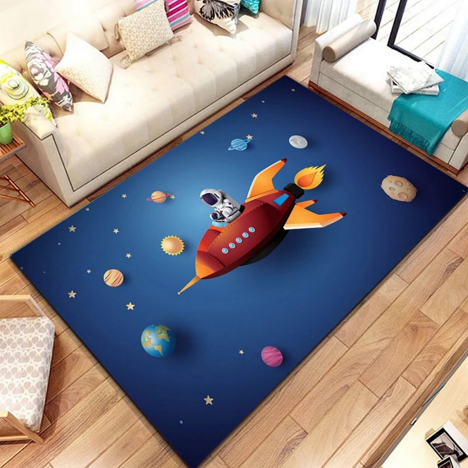 Tapis de salon anti-glisse grand soft imprimé astronaute 3D pour grand canapé