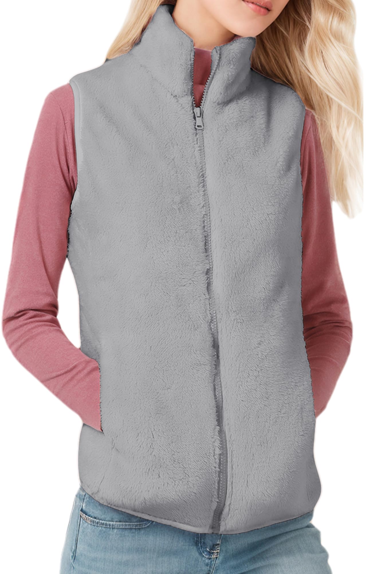 Gilet da donna in pile peloso, casual, caldo, senza maniche, con cerniera, con tasca, per autunno inverno