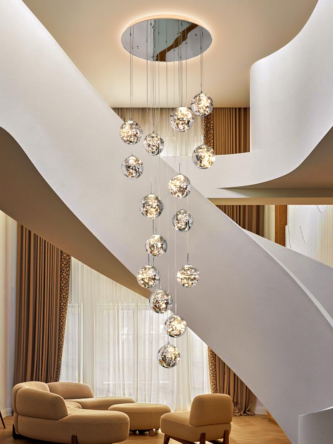 250CM Lampadario LED per Scale 15 Sfere di Vetro 80W 3000K Grigio | Treppenhaus Lampada a Sospensione Soffitto Moderne Länge Lampadari Ville Luci la Sala Cucina Soggiorno Glass ball