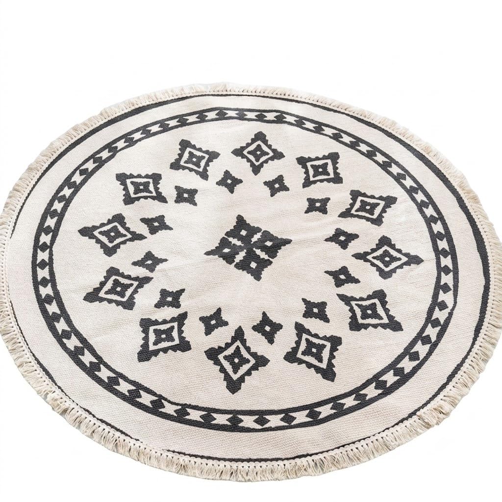 Tapis Rond Ethnique en Coton et Lin, Motifs Géométriques Noirs sur Fond Écru, avec Franges, Style Bohème Naturel, 90 cm