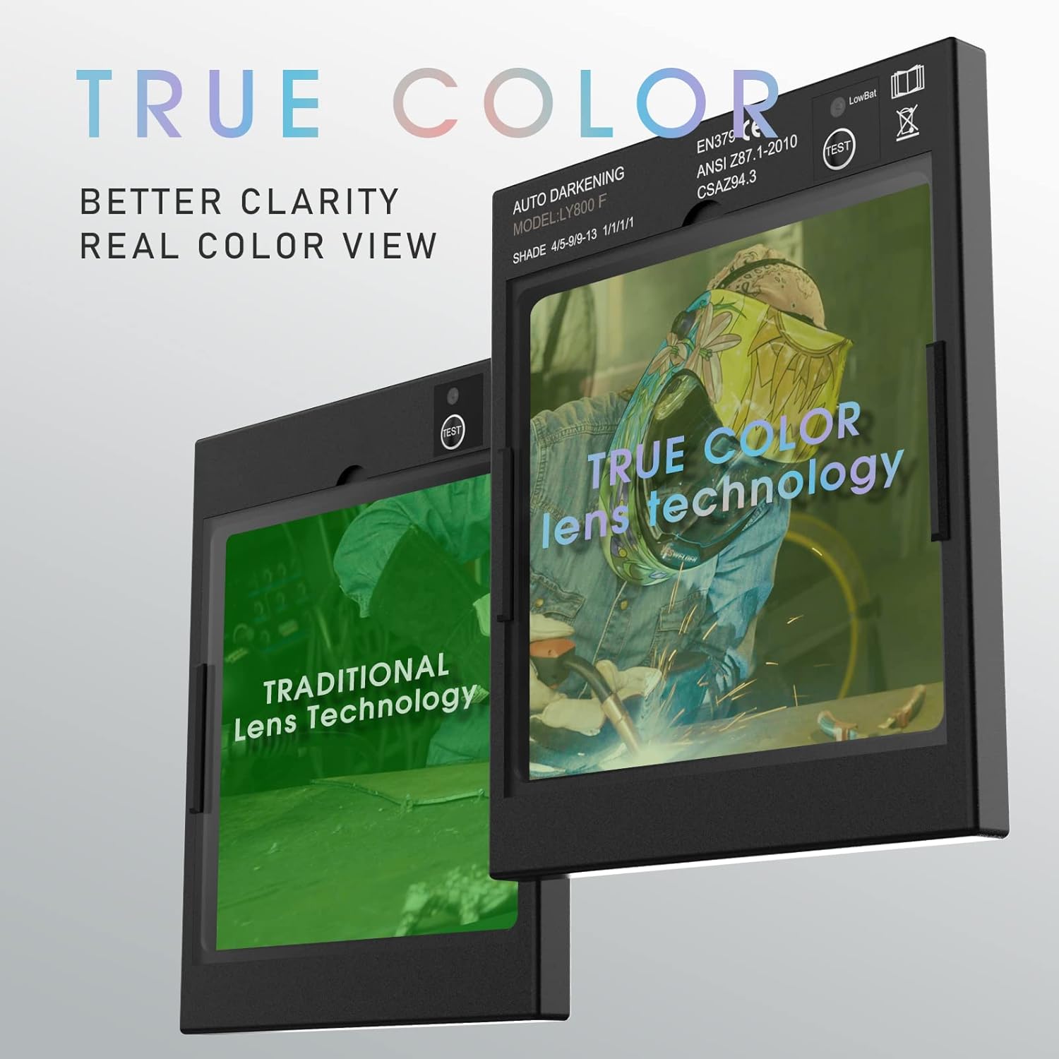 YESWELDER Large Viewing Screen True Color Solar Power Auto Darkening Welding Helmet, Hemispherical Lens for TIG MIG Arc Weld Grinding Welder Mask & Replacement Lens