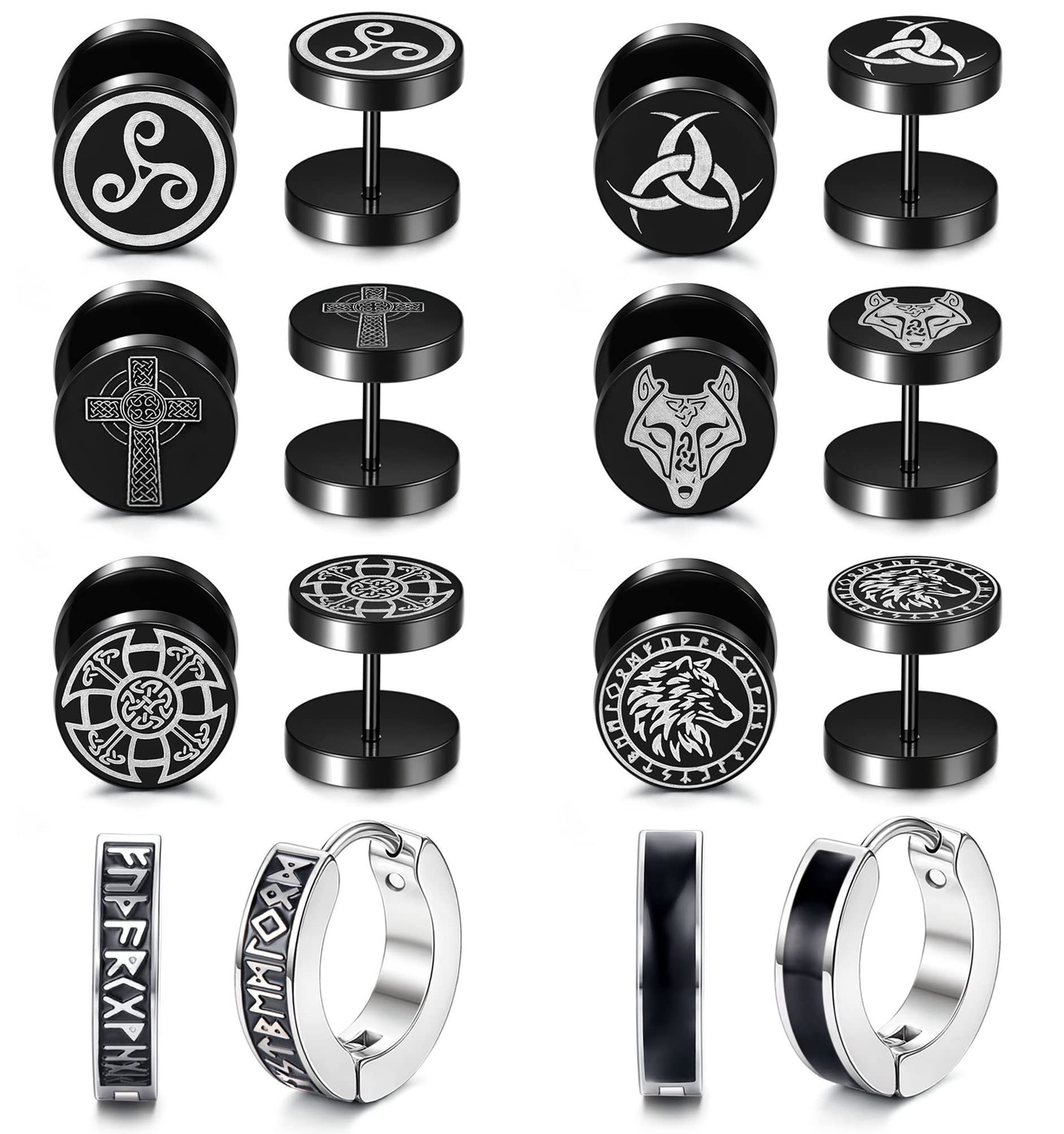 sailimue8Pairs Viking Earrings for Men Stainless Steel Norse Viking Stud Earrings Fake Gauges Plug Viking Huggie Hoop Mens Earrings Wolf Runes Divination Piercing Jewelry 18G Black