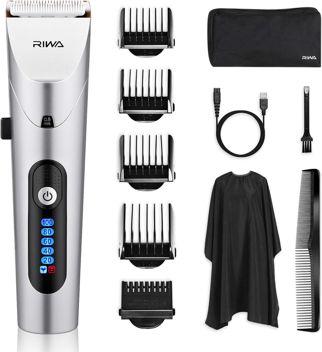 RIWA Professional Electric Hair Clippers, Cordless Hair Clipper Mens Hair Trimmers Rechargeable Waterproof Hair cutting Kit, Low Noise & Lightweight Design