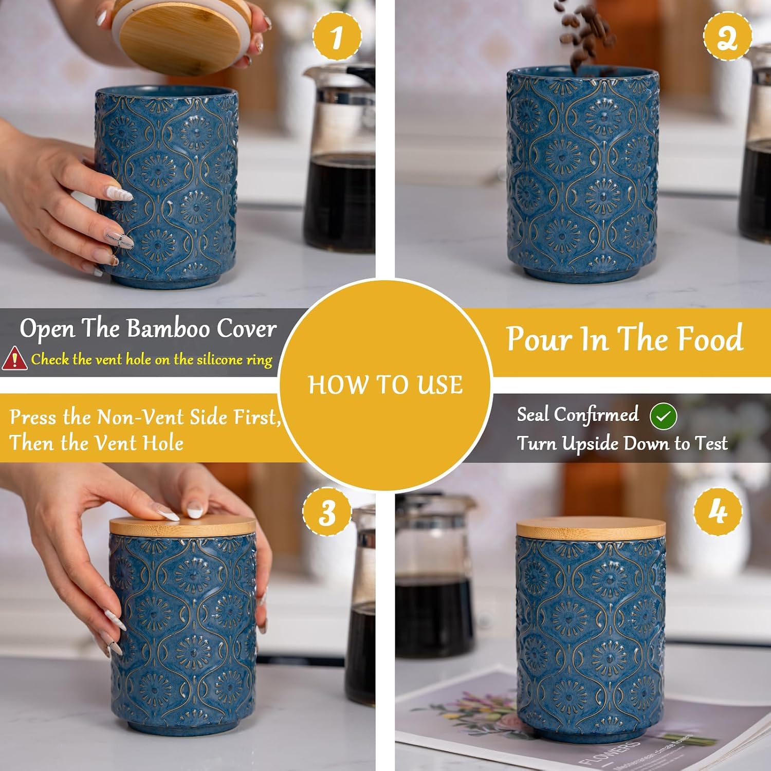 TEATALK Embossed Ceramic Canister, Stylish Airtight Storage for Kitchen, Coffee, Tea, Sugar, 23 Fl Oz, Darkblue image 5