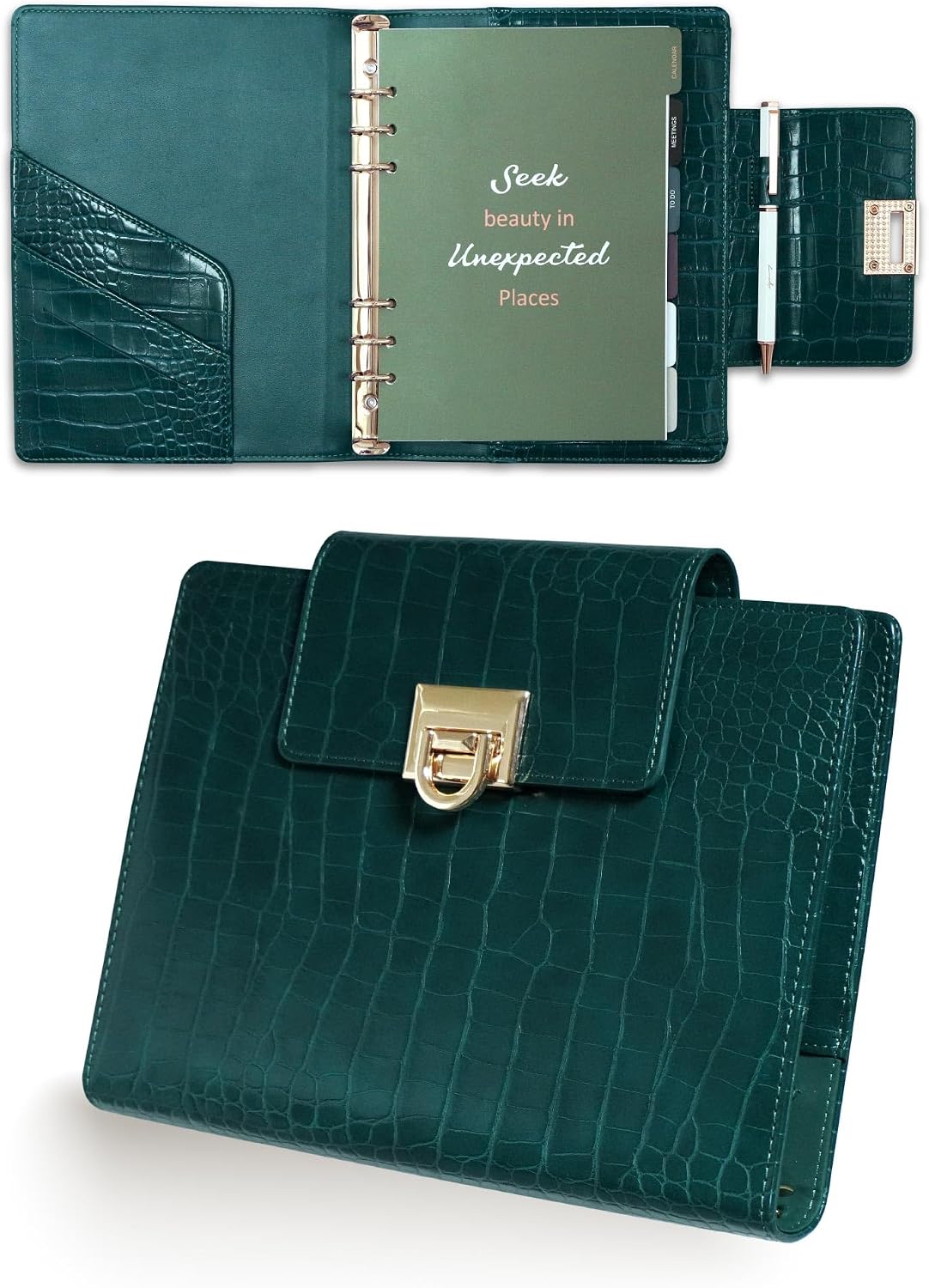 A5 Croc Refined Faux Leather 6-Ring Planner Binder & Ballpoint Pen