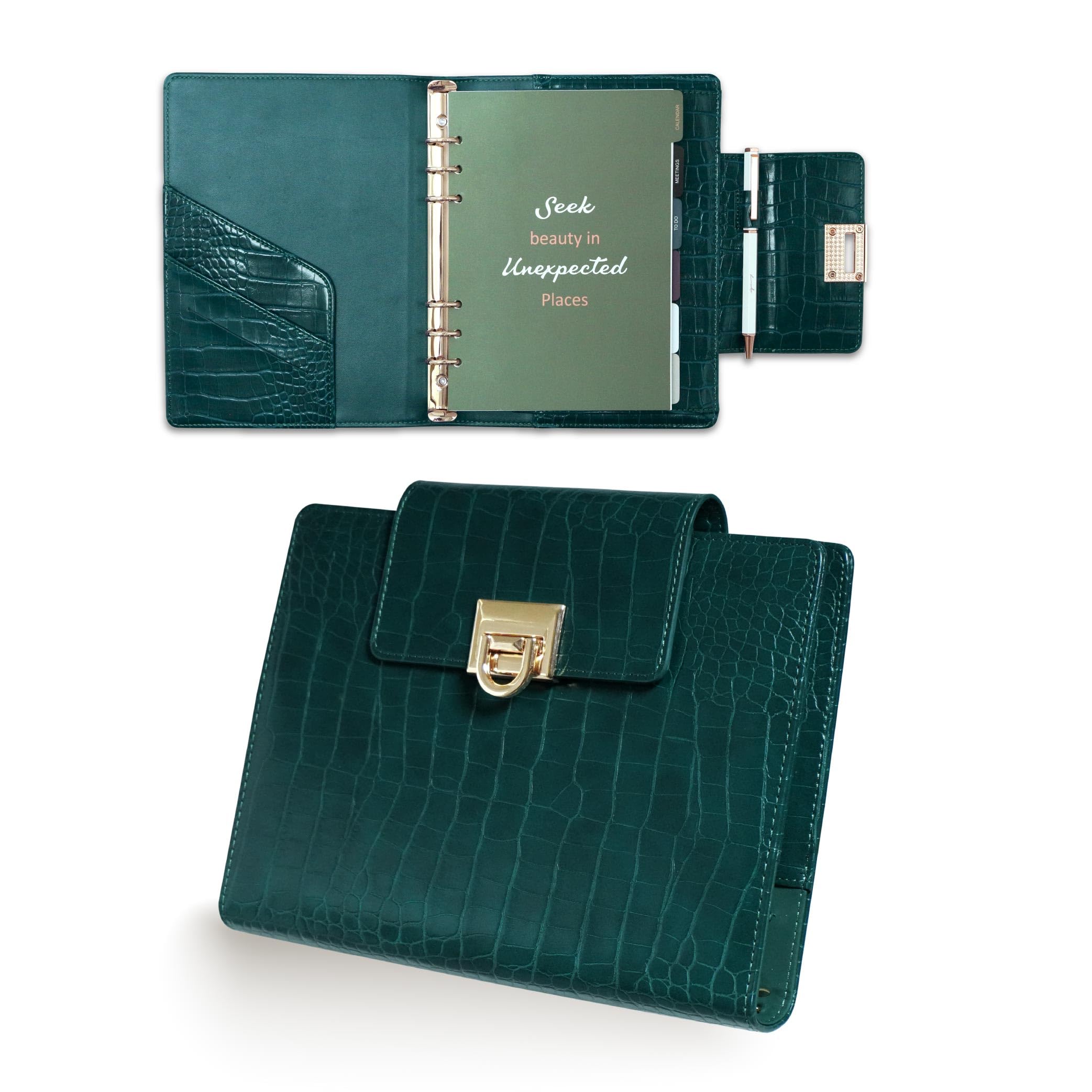 A5 Krokodilleder-Planer mit 6 Ringen, Terminplaner und Kugelschreiber | 14,7 x 21,1 cm Krokodilprägung mit 80 Blatt und 5 Trennwänden; eleganter undatierter Organizer für Arbeit und Tagesplanung.