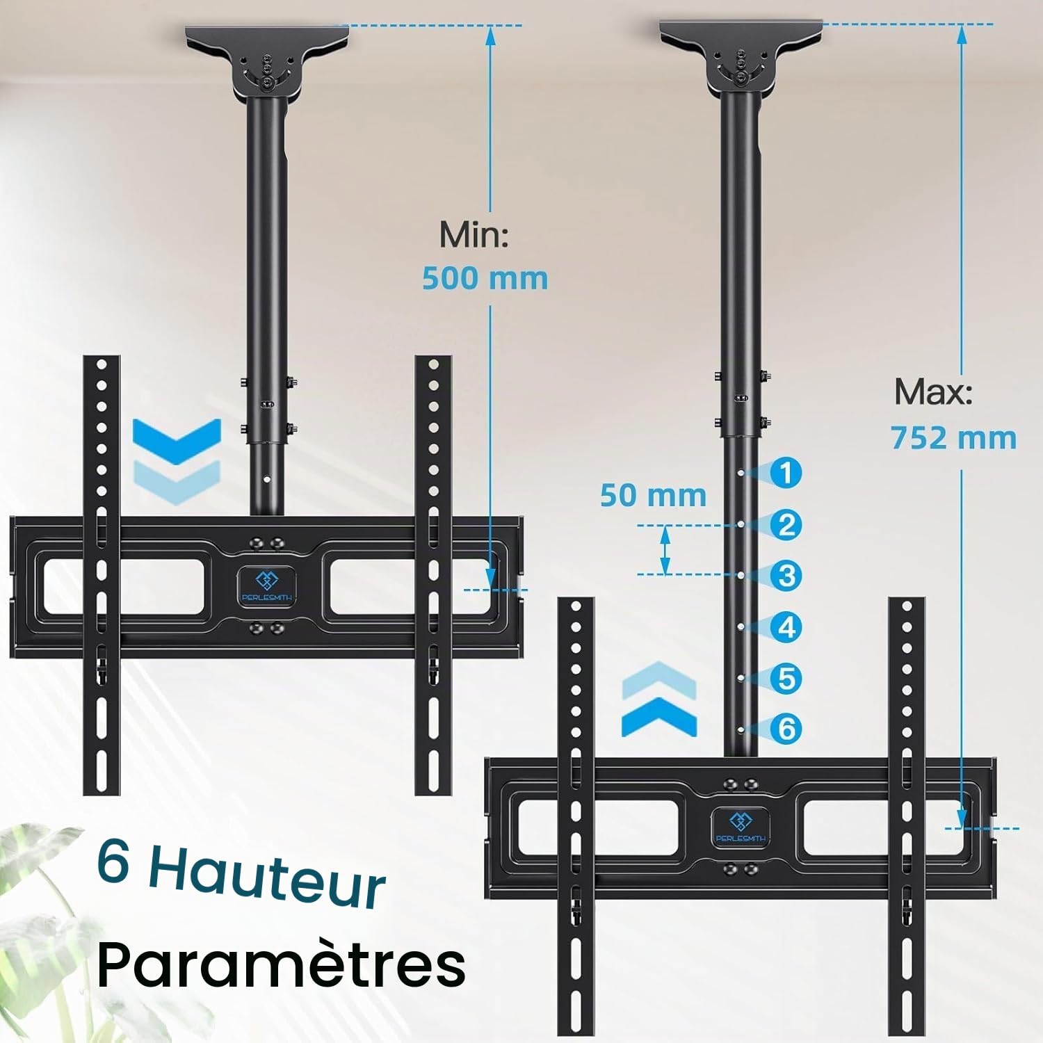 Support TV Plafond - Support de Téléviseur Inclinable et Pivotant Ajustable pour l’Écran de 26 à 65 Pouces - Support de Toiture Full-Motion Supporte 50 kg avec VESA 400 x 400mm