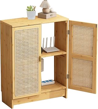 Jueraori WiFi Router Storage Cabinet with Adjustable Shelves, 2-Tier Bamboo Rattan Standing Modem Organizer Box for Home & Office, No Back Panel, 27.6" x 19.7" x 9.8"