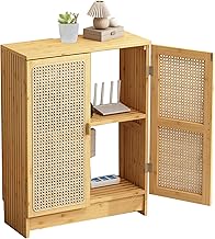 Rattan Accent Floor Storage Cabinet with Doors, Bamboo WiFi Router Storage Box with Adjustable Shelves, Double Teir Modern Standing Cabinets for Bathroom Living Room (log color, 27.6x19.7x9.8 in)