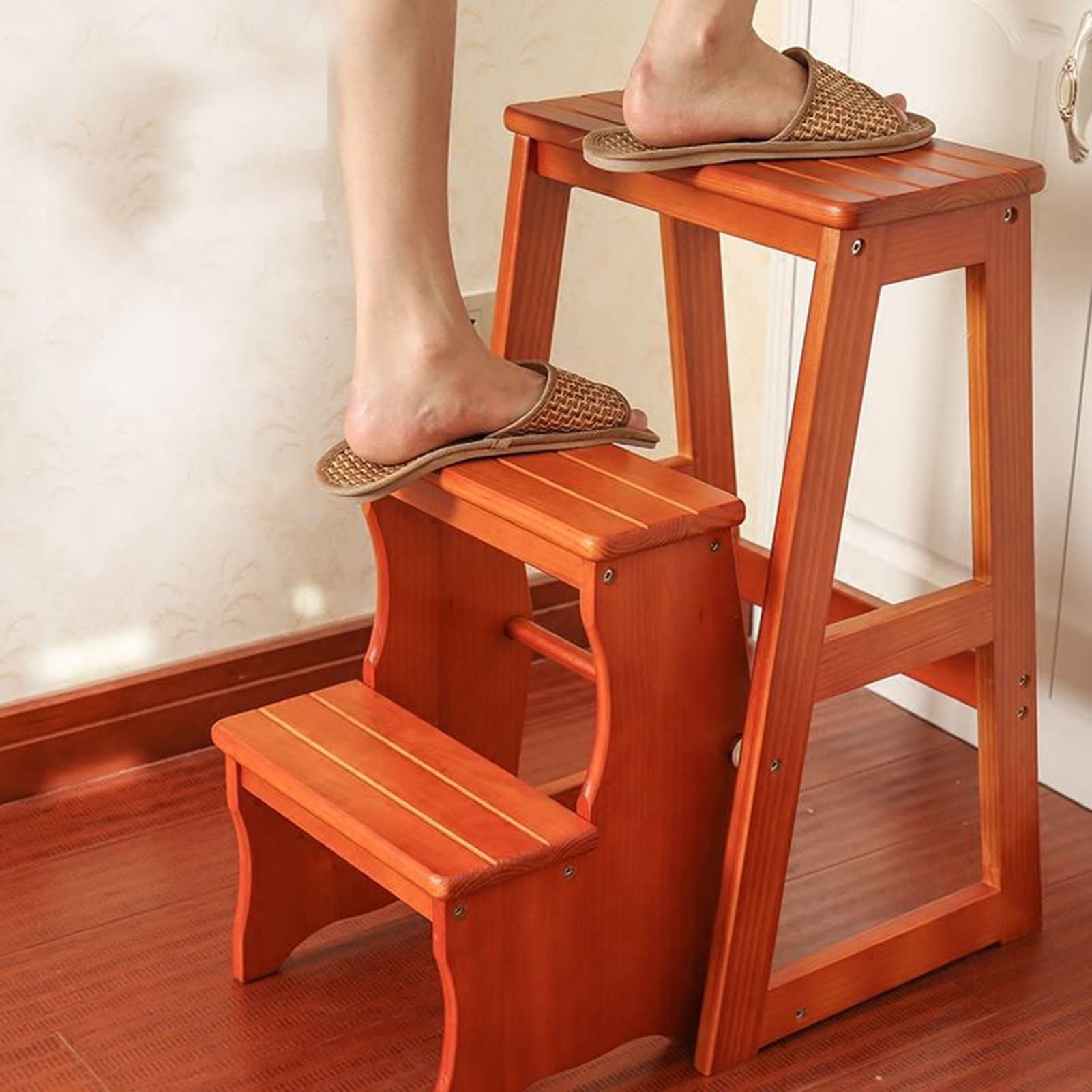 Escalera de tijera de madera para biblioteca y estante decorativo
