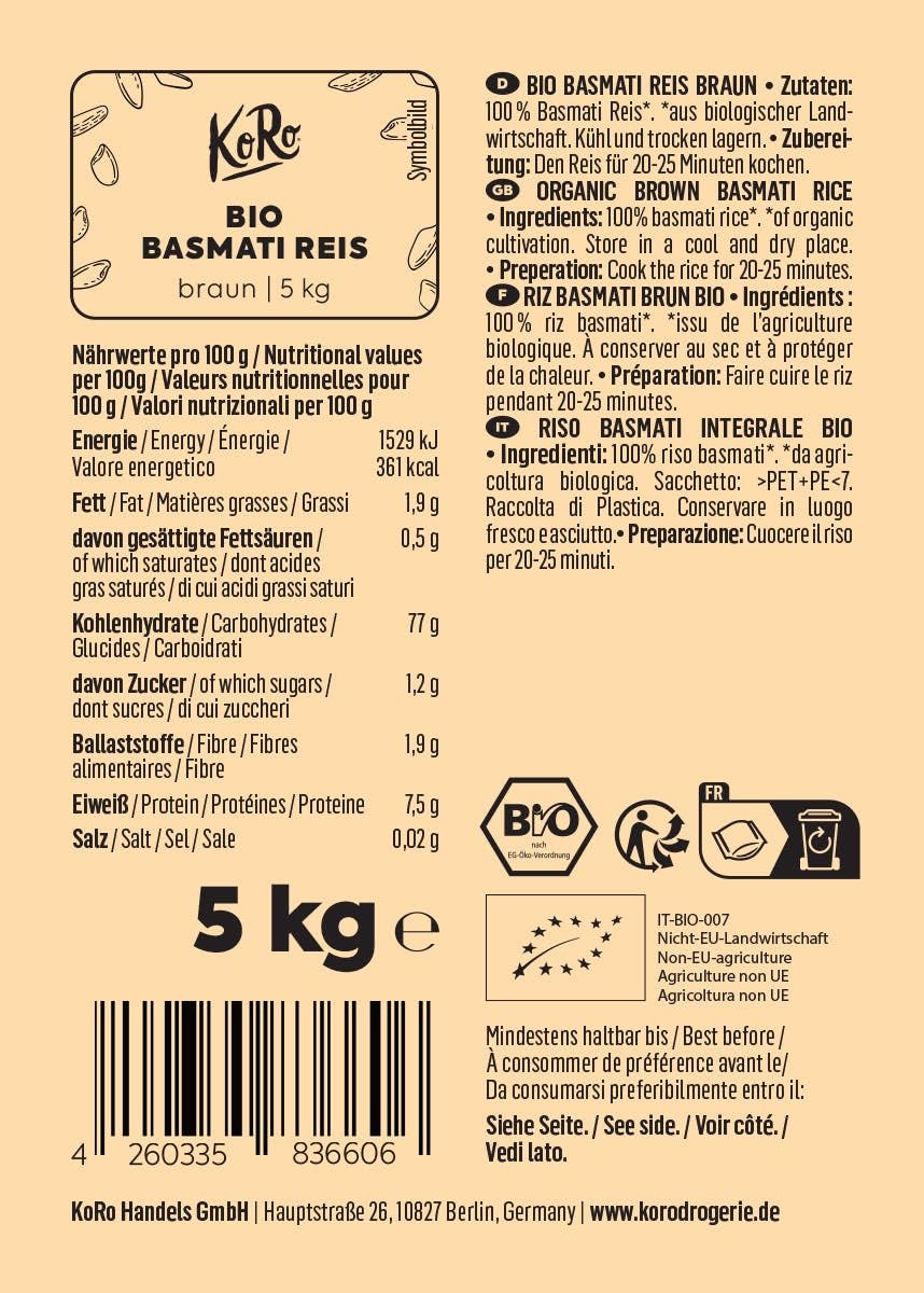 KoRo - Riz Basmati biologique brun 5 kg - Arôme intense - Goût de noisette - Consistance moelleuse