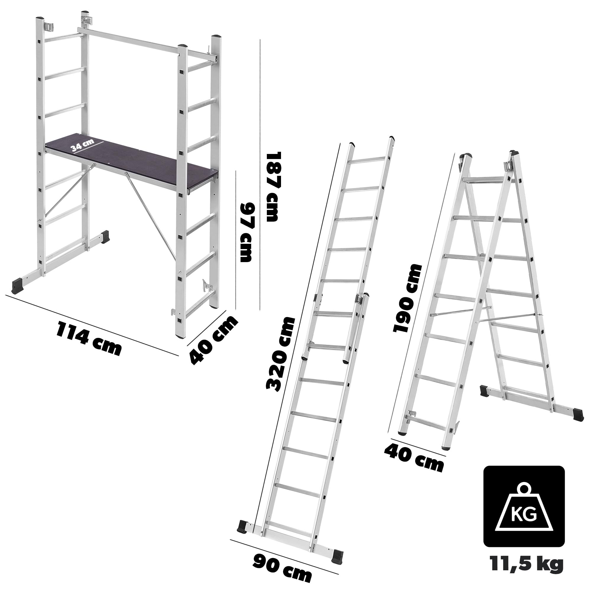 KADAX Rusztowanie aluminiowe wielofunkcyjne z platformą 114x187 cm, 14-szczeblowe, antypoślizgowe stopki, do prac budowlanych i remontowych