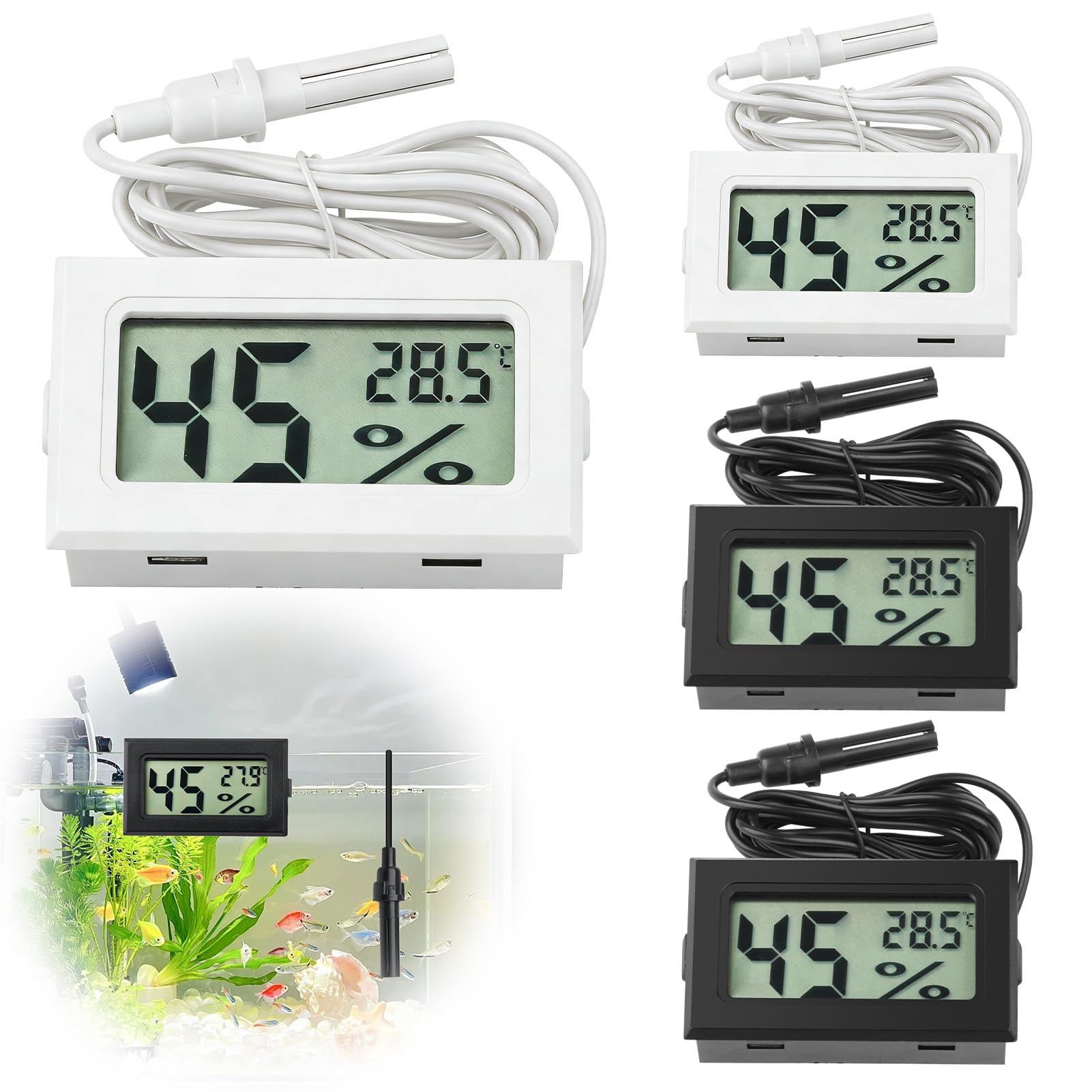 4 Pack Reptile Thermometer Hygrometer,Digital Temperature Humidity Gauge Meter with Probe,Mini LCD Temp Humidity Monitor for Reptiles Tank Terrarium Incubator Aquarium Office Room (Black & White)