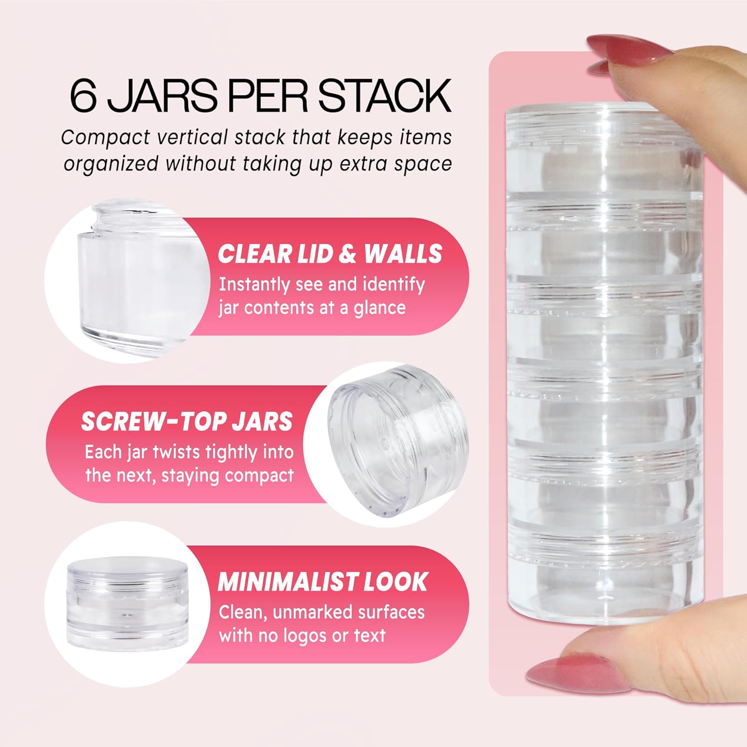 Beauticom 10G/10ML Transparent Stackable Jars - Round Plastic Container with Clear Lid Embellishment Bead Glitter Charm Craft Jars (18 Columns/108 Pieces)