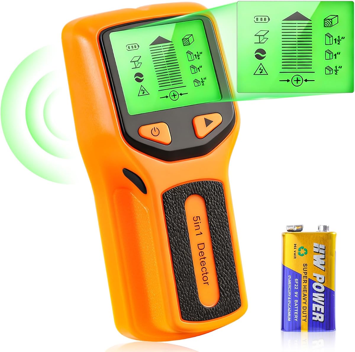 Buscador de vigas 5 en 1, detector de vigas Poledy: localiza con precisión el centro y el borde de las vigas, escáner de pared con alarma de audio y sensor de escaneo profundo para madera, vigas metálicas, cables de CA activos, tuberías y vigas