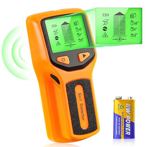 5 in 1 Stud Finder, Poledy Stud Detector - Precisely Locates the Center and Edge of Studs, Wall Scanner with Audio Alarm & Deep Scan Sensor for Wood, Metal Studs, Live AC Wires, Pipes & Joists