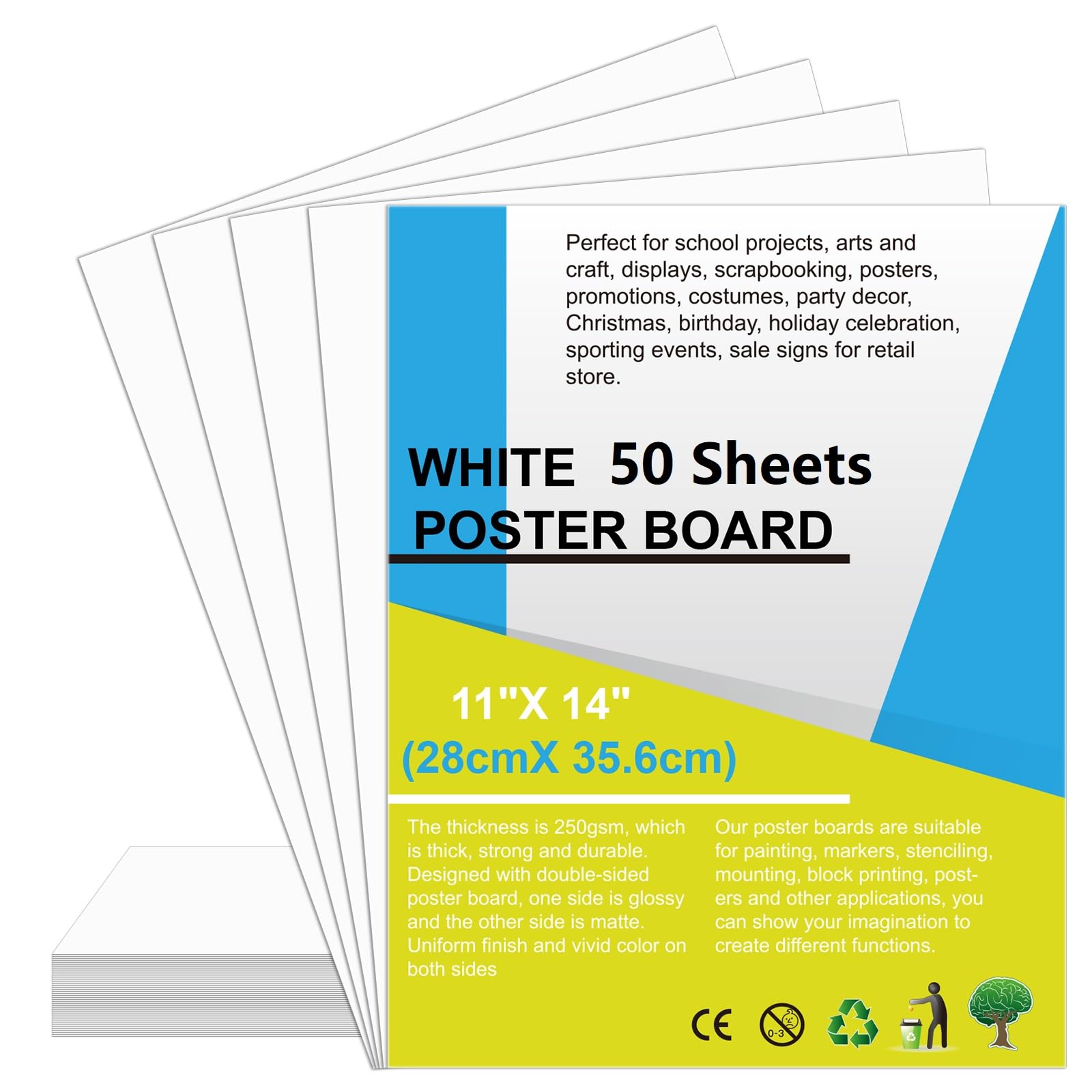 ROOKEA 50Pcs 11" x 14" Poster Board White Poster Paper Bulk 250G Thickness Vision Boards Smart Poster Board for School Arts Craft Projects Presentations Drawing Scrapbooking Blank Graphic Display