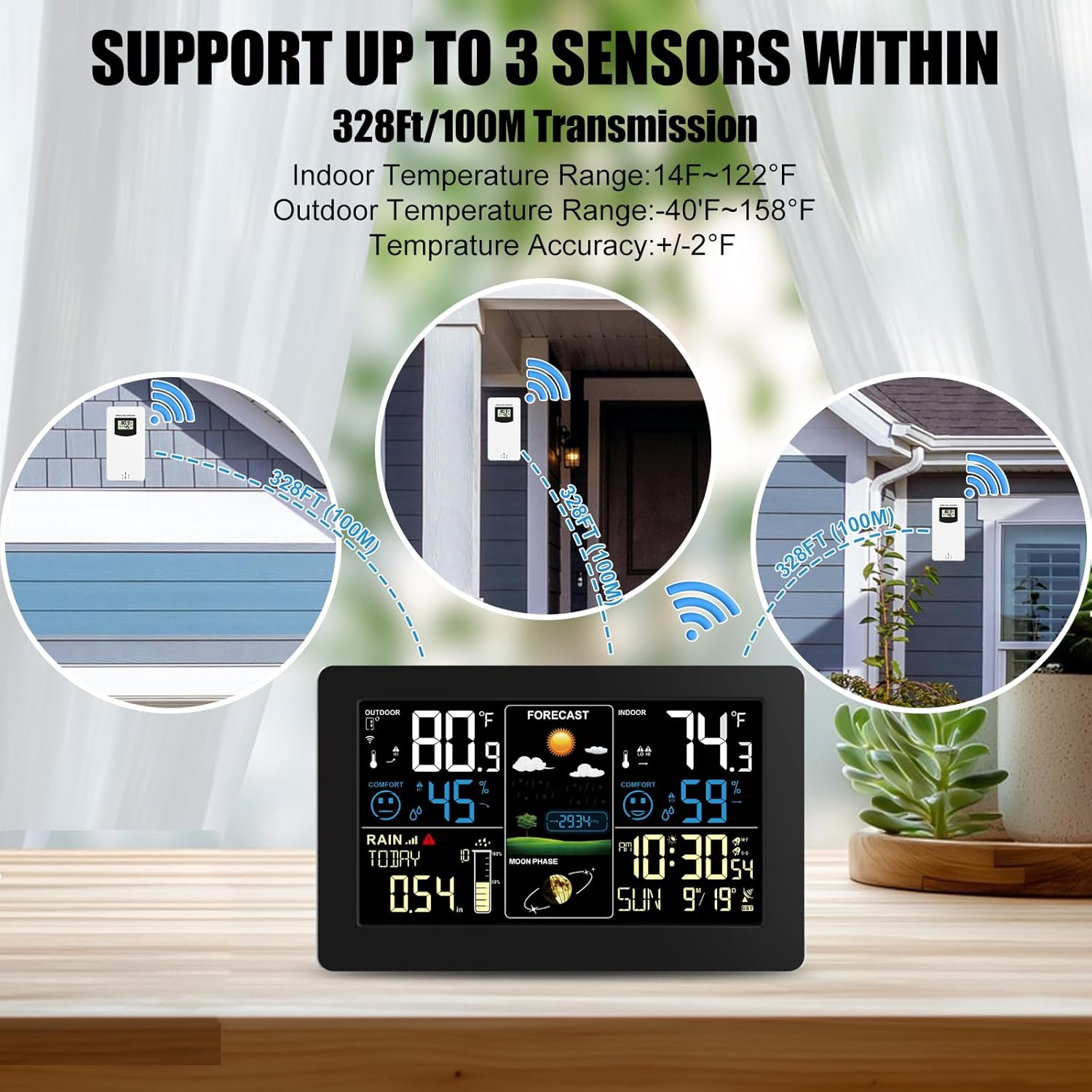Weather Station with Rain Gauge Outdoor, Home Weather Stations Wireless Indoor Outdoor with Digital Rain Gauges, Thermometer, Barometer, Hygrometer, Atomic Clock, Weather Forecast, with 3 Sensor