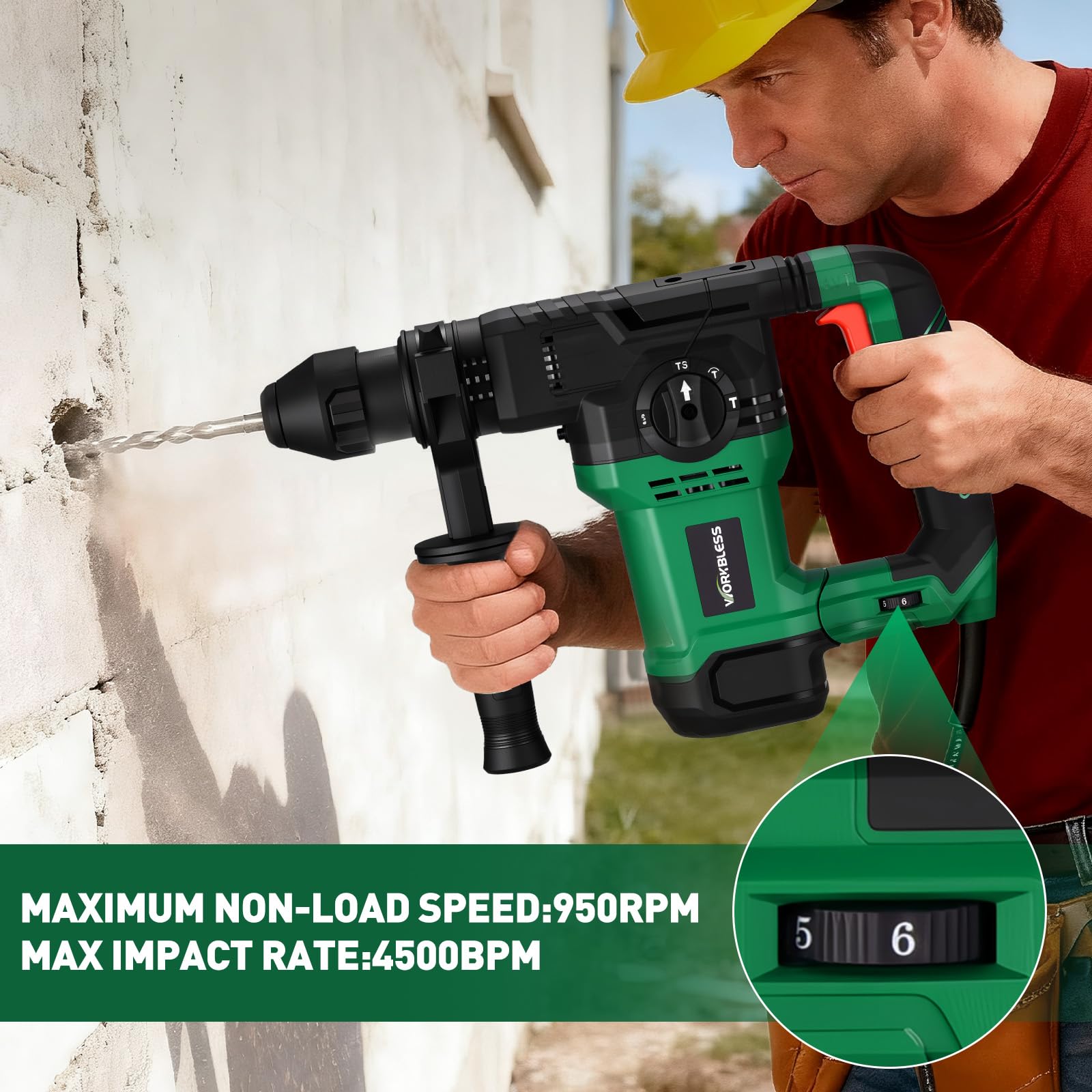 SDS-Plus - Taladro de martillo rotativo de 1-1/4 pulgadas, 13 AMP, versión ligera con cable para astillado de demolición de hormigón, 5 brocas SDS-Plus, 7J