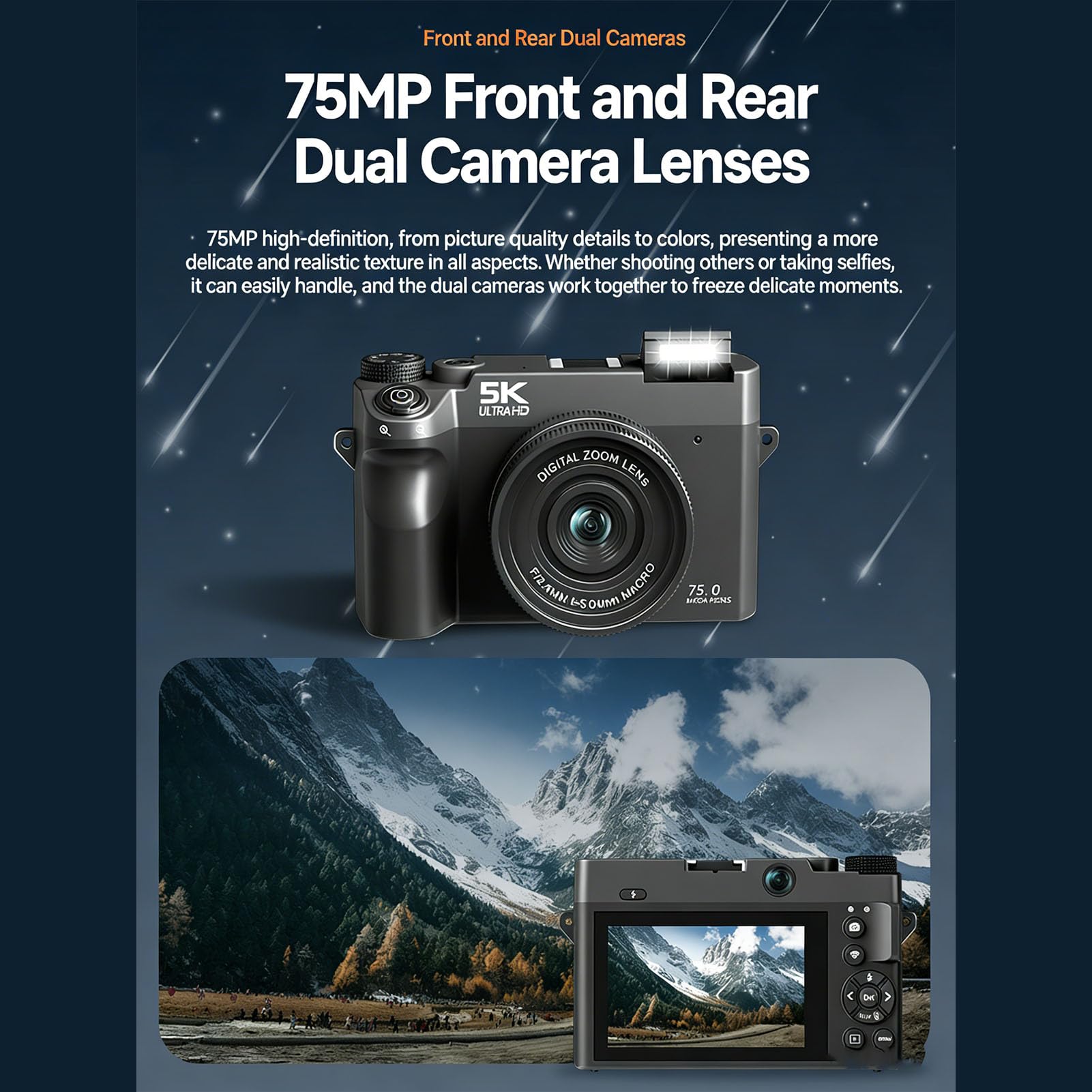 Sxhlseller Cyfrowy Aparat Fotograficzny 5K do Fotografii, Aparat 75 MP z 18-krotnym Zoomem i Podwójnym Obiektywem UHD, Autofokusem Wi-Fi i Aparatami Podróżnymi do Robienia zdjęć dla (BLACK)