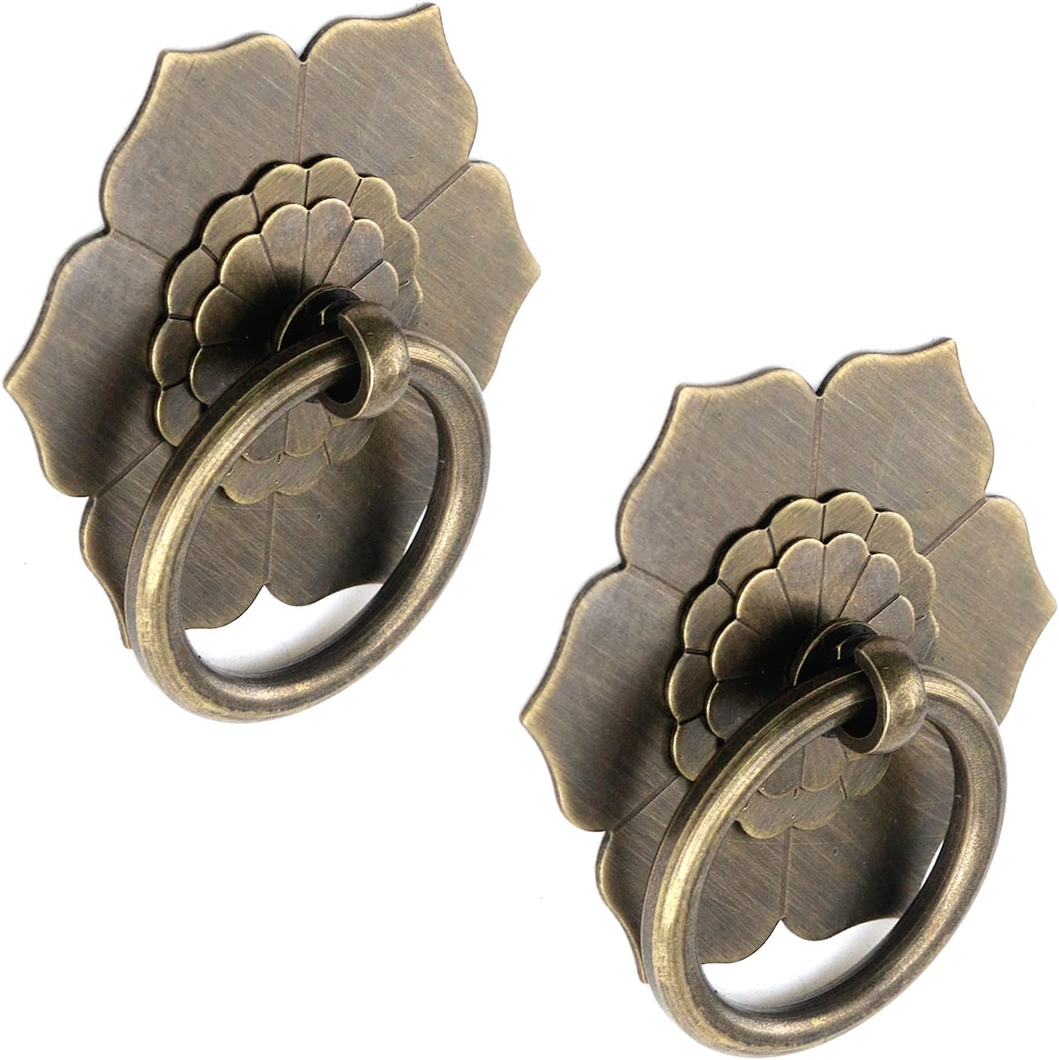 Bitray Drop Ring Knobs Antique Bronze Tone Ring Pulls Flower Shape Dresser Drawer Cabinet Pulls - 2pcs