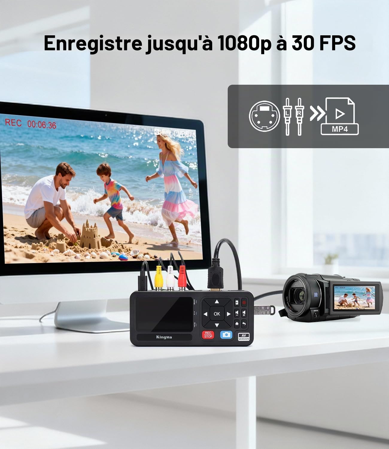 King Ma Numériseur vidéo, avec écran de 3 pouces, résolution 1080P, 30 FPS, conversion numérique de VHS, RCA, VCR, DVD, Hi8, caméras vidéo, jeux, stockage via TF/SD/USB (AV)